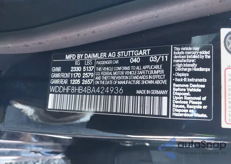 2011 Mercedes-Benz E 350 4Matic from USA, damaged, VIN WDDHF8HB4BA424936
